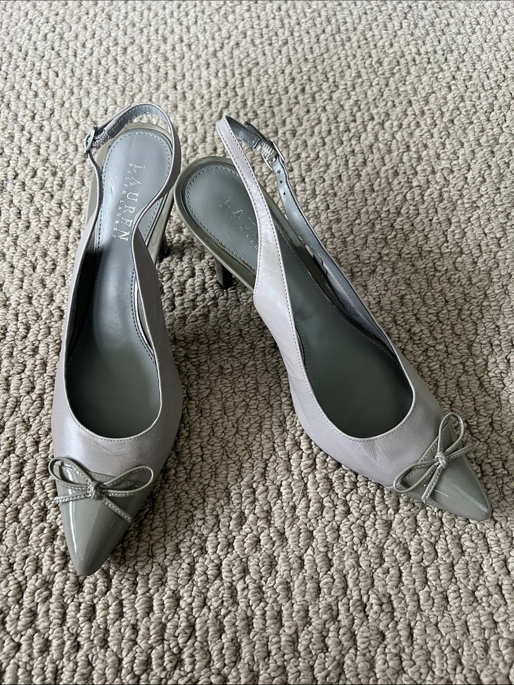 Lauren Ralph Lauren Light Gray Pointed-Toe Slingback Heels with Bow